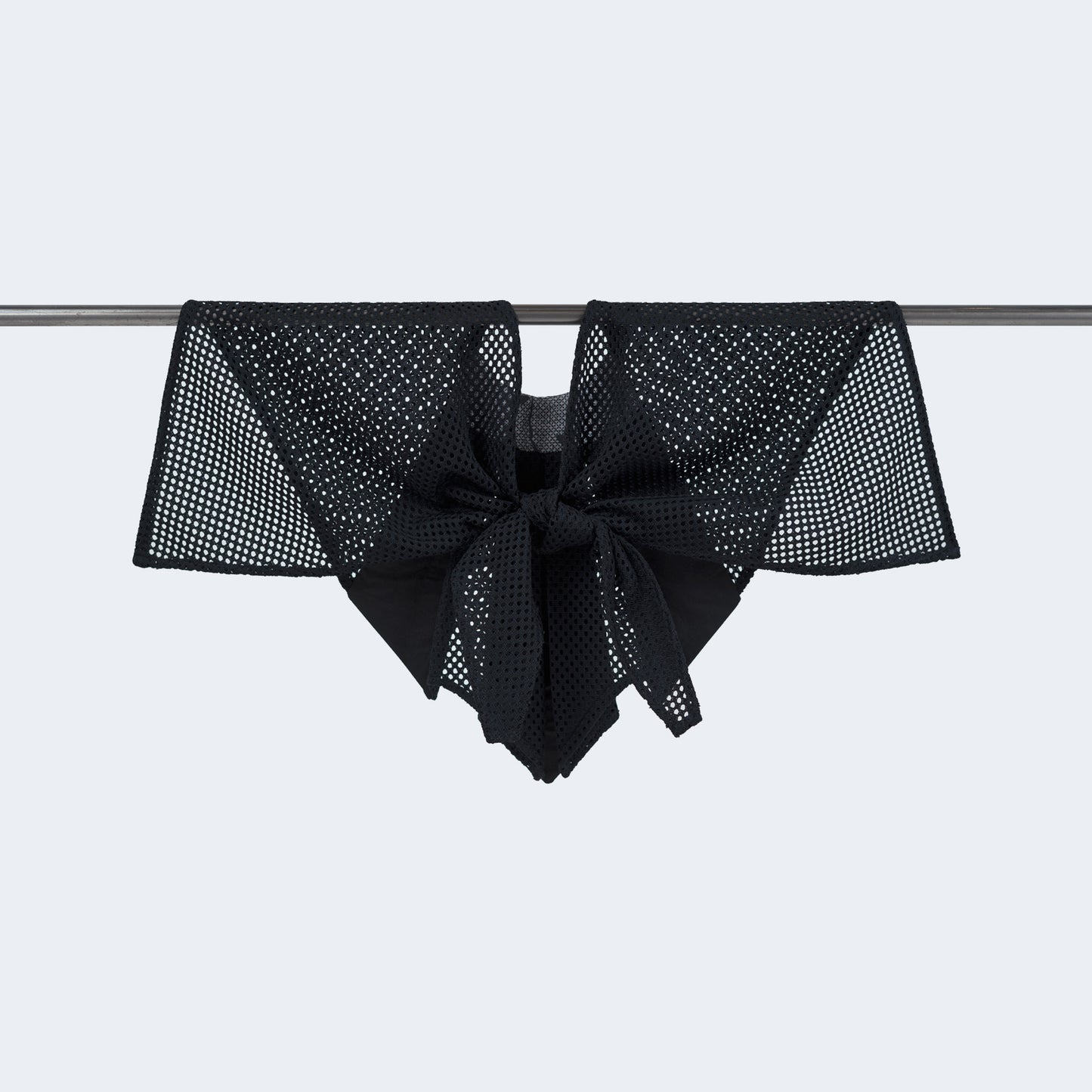 Back view of Japanese purple silk and blue mesh collar tied, displayed on hanger