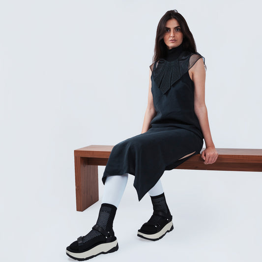 Model showcasing collar with Japanese black silk and sheer black mesh