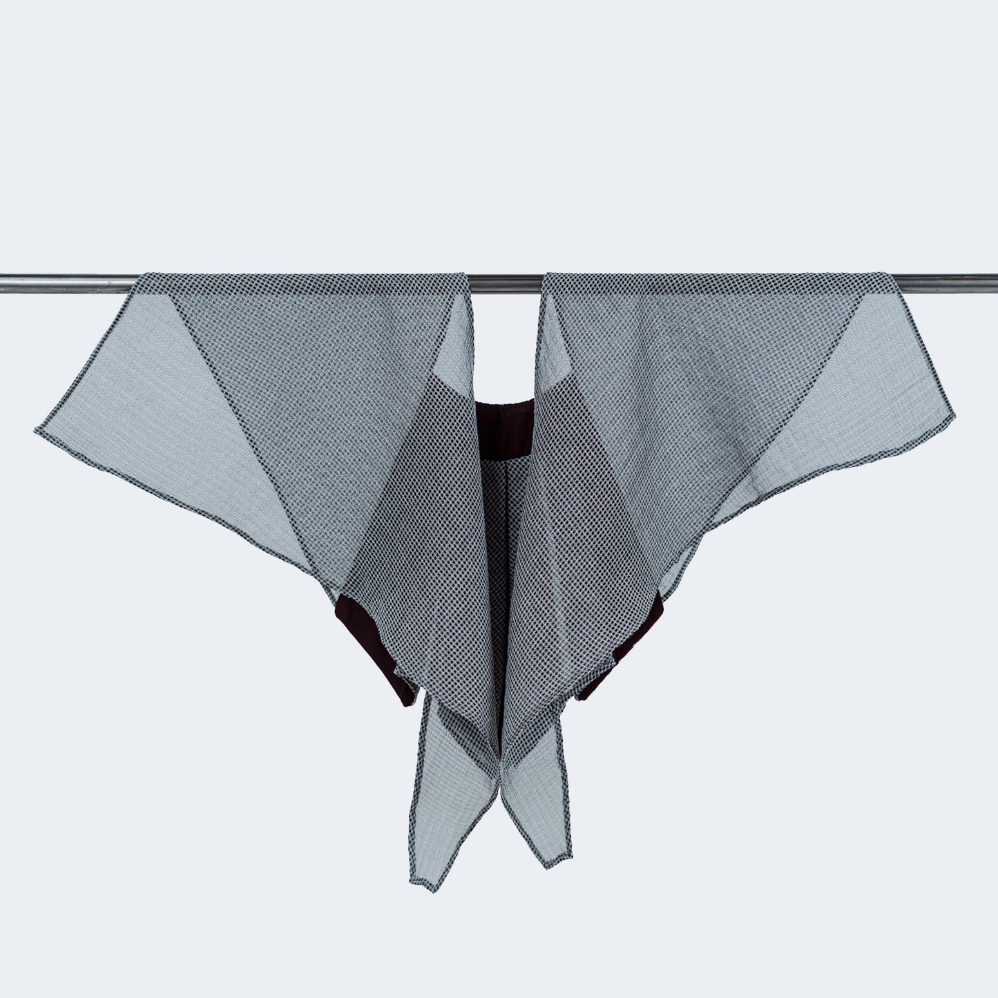 Back view of sheer gray mesh collar open, without tie, on hanger