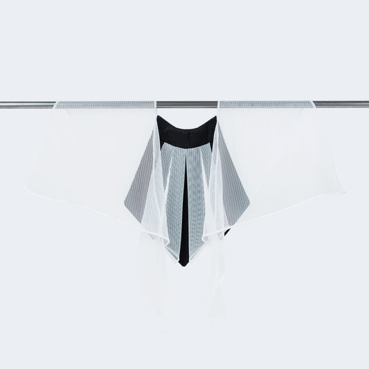 Back view showing striped sheer white mesh and black silk