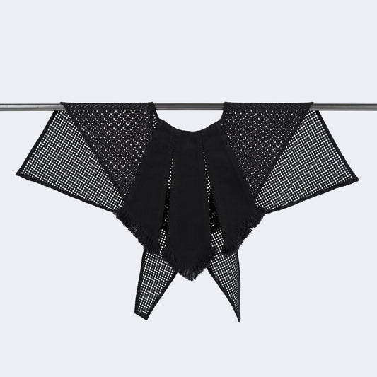 Front view of black denim and mesh collar on hanger