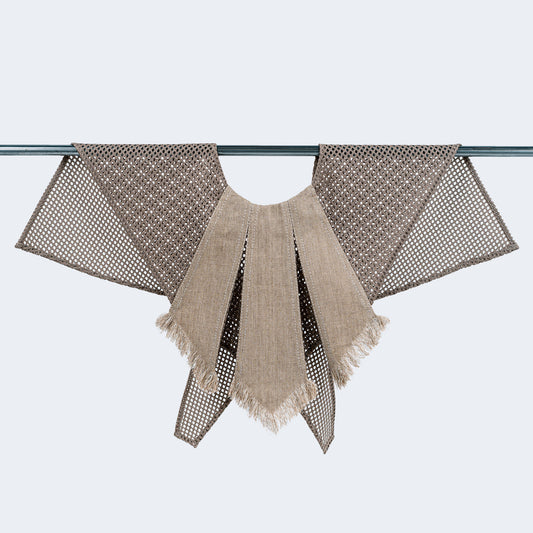 Front view of sand-colored canvas and mesh collar on hanger