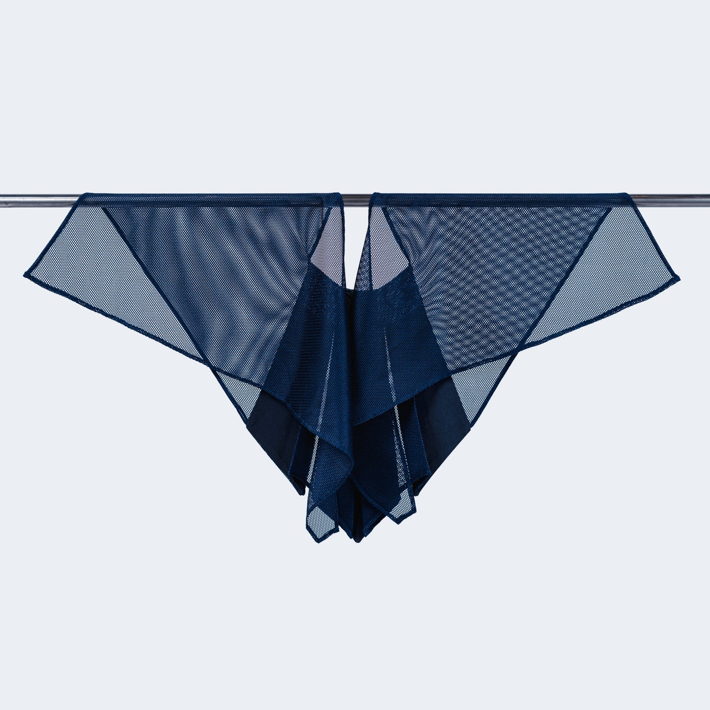 Back view of Japanese silk collar with sheer blue mesh, displayed on hanger