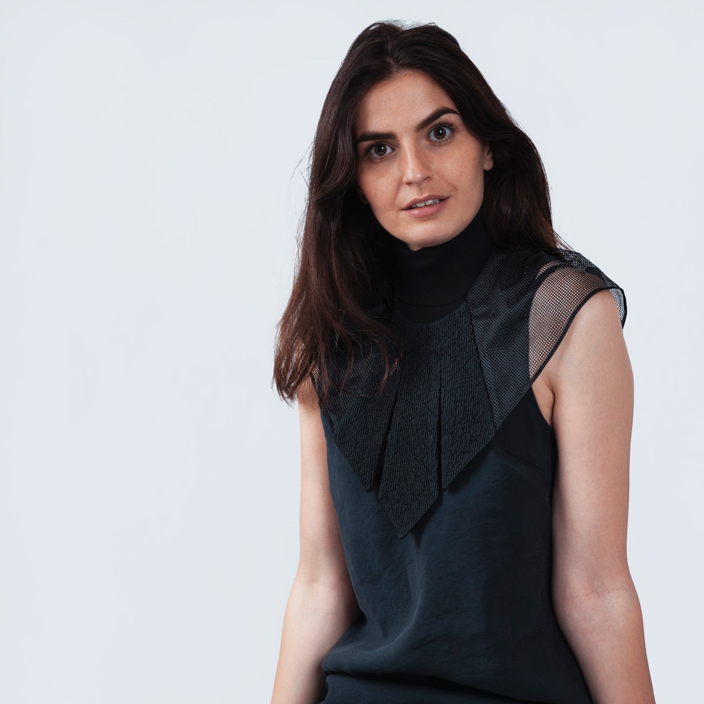 Model wearing elegant collar with Japanese black silk and sheer black mesh