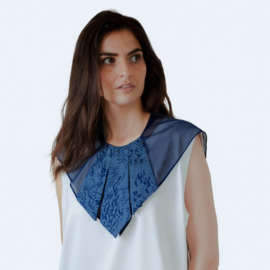 Model wearing elegant collar with Japanese blue silk and sheer blue mesh