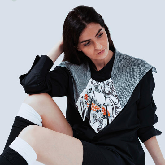 Model wearing limited edition Japanese fish print collar with sheer gray fabric