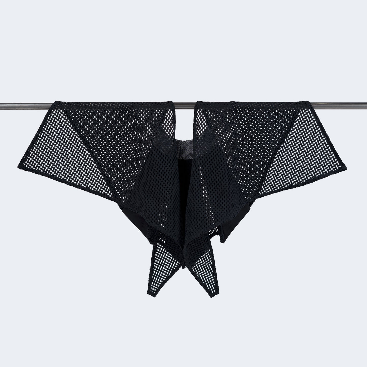 Back view of Japanese purple silk collar with blue mesh, displayed on hanger