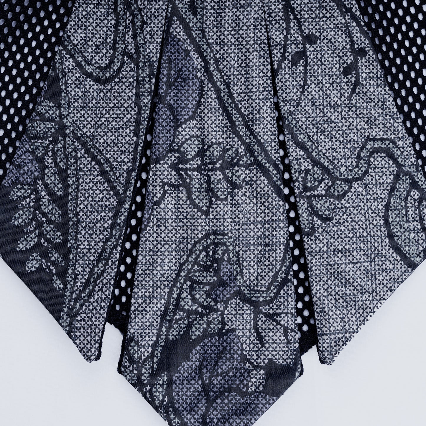 Close-up of Japanese purple silk collar with blue mesh fabric