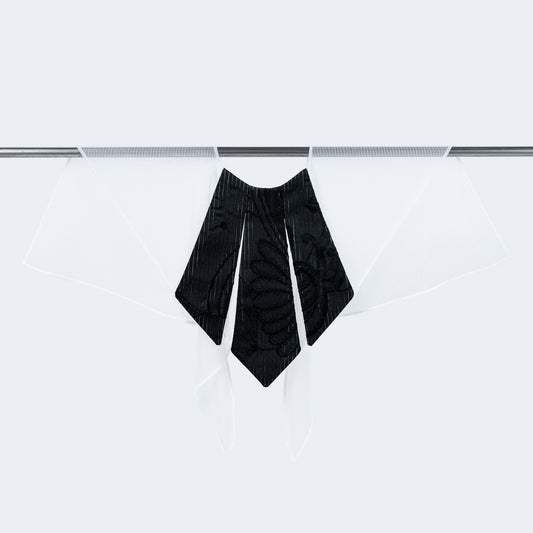 Front view of collar combining floral and striped Japanese silk with white mesh