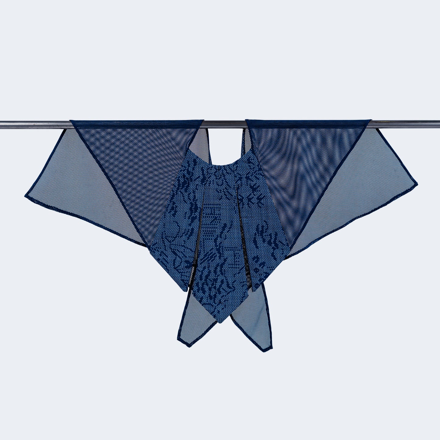 Front view of Japanese blue silk collar with sheer blue mesh, displayed on hanger