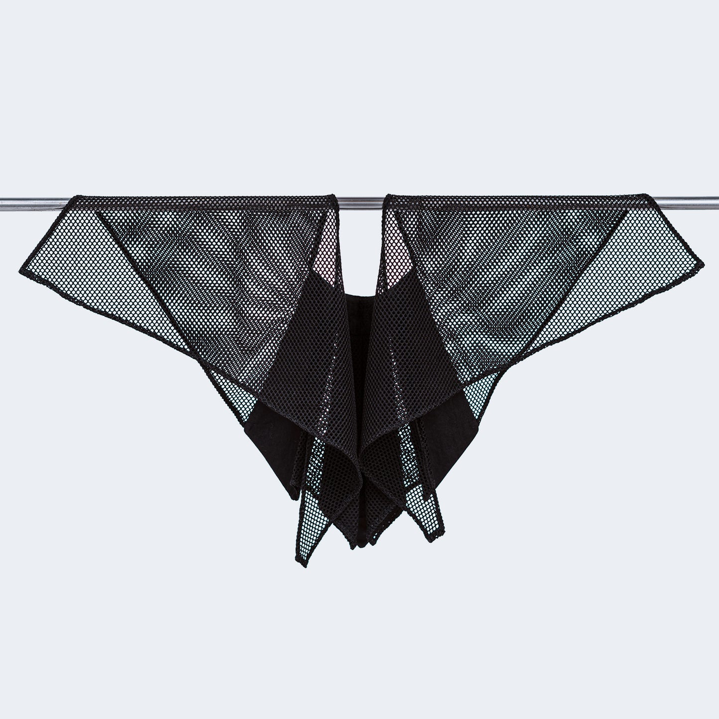 Back view of Japanese geometric silk collar with sheer black mesh, displayed on hanger