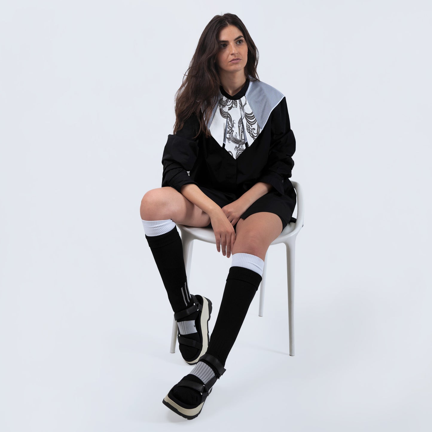 Model showcasing collar with Japanese print and sheer white mesh