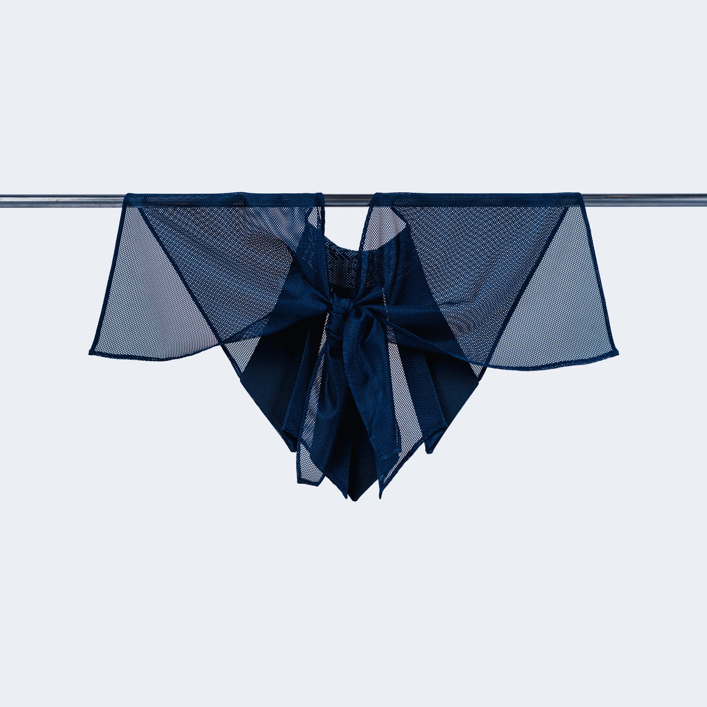 Back view of Japanese blue silk and sheer blue mesh collar tied, displayed on hanger