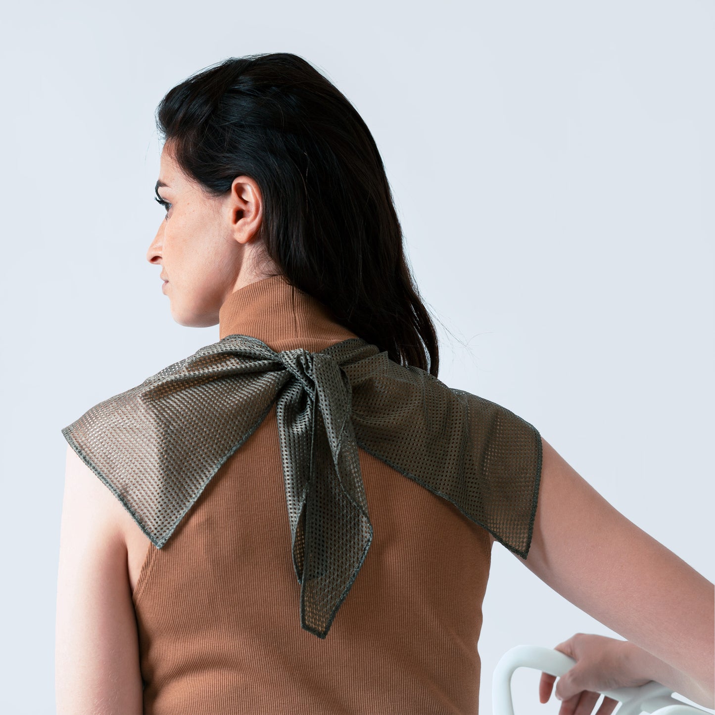 Model wearing olive collar - back side knot