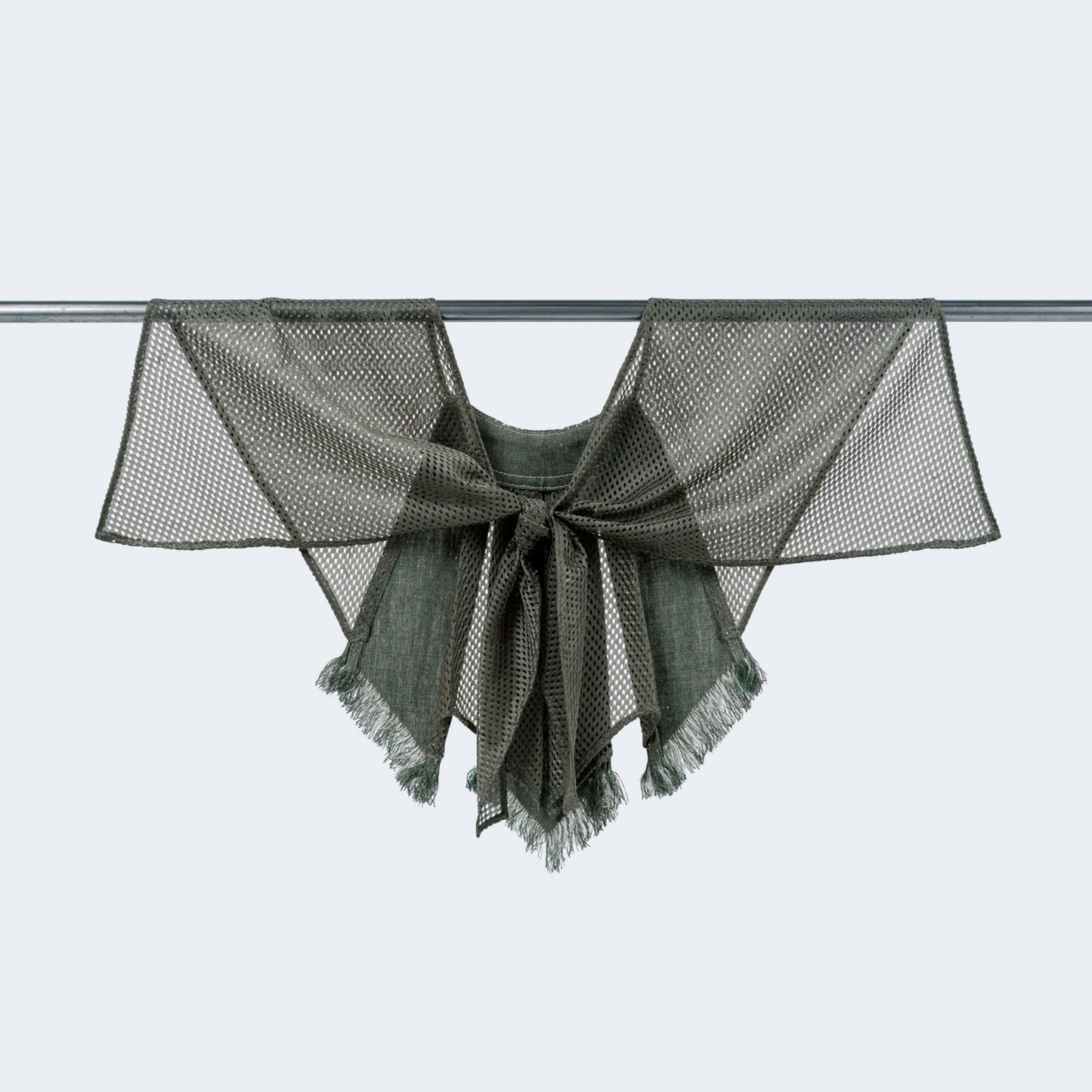 Tied olive green collar on hanger highlighting material blend