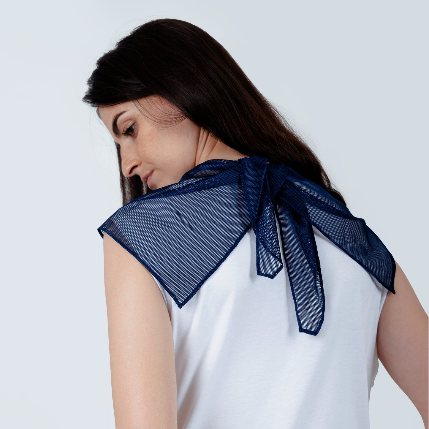 Model showcasing collar with Japanese blue silk and sheer blue mesh
- back side