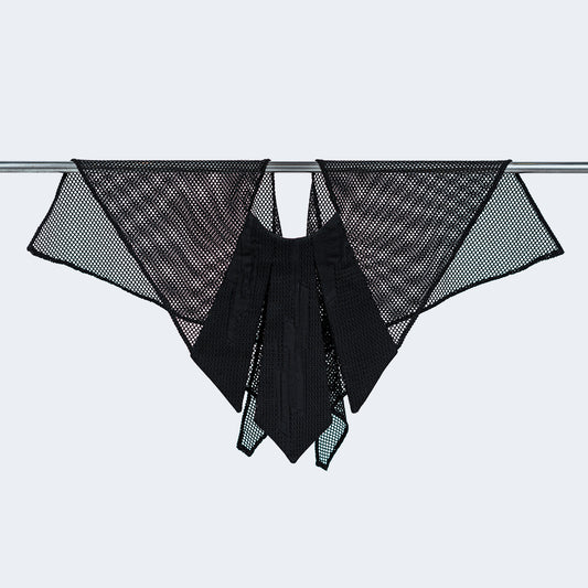 Front view of Japanese geometric black silk collar with sheer black mesh, displayed on hanger
