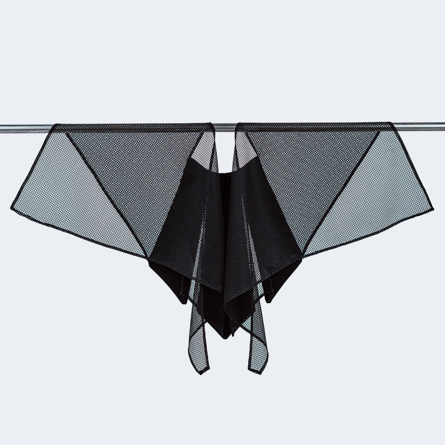 Back view of Japanese black silk collar with sheer black mesh, displayed on hanger