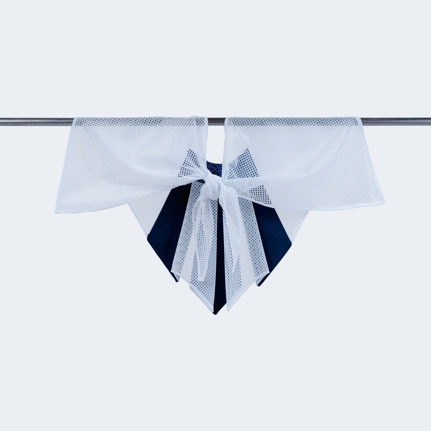 Collar tied on hanger – showcasing the silk and mesh blend
