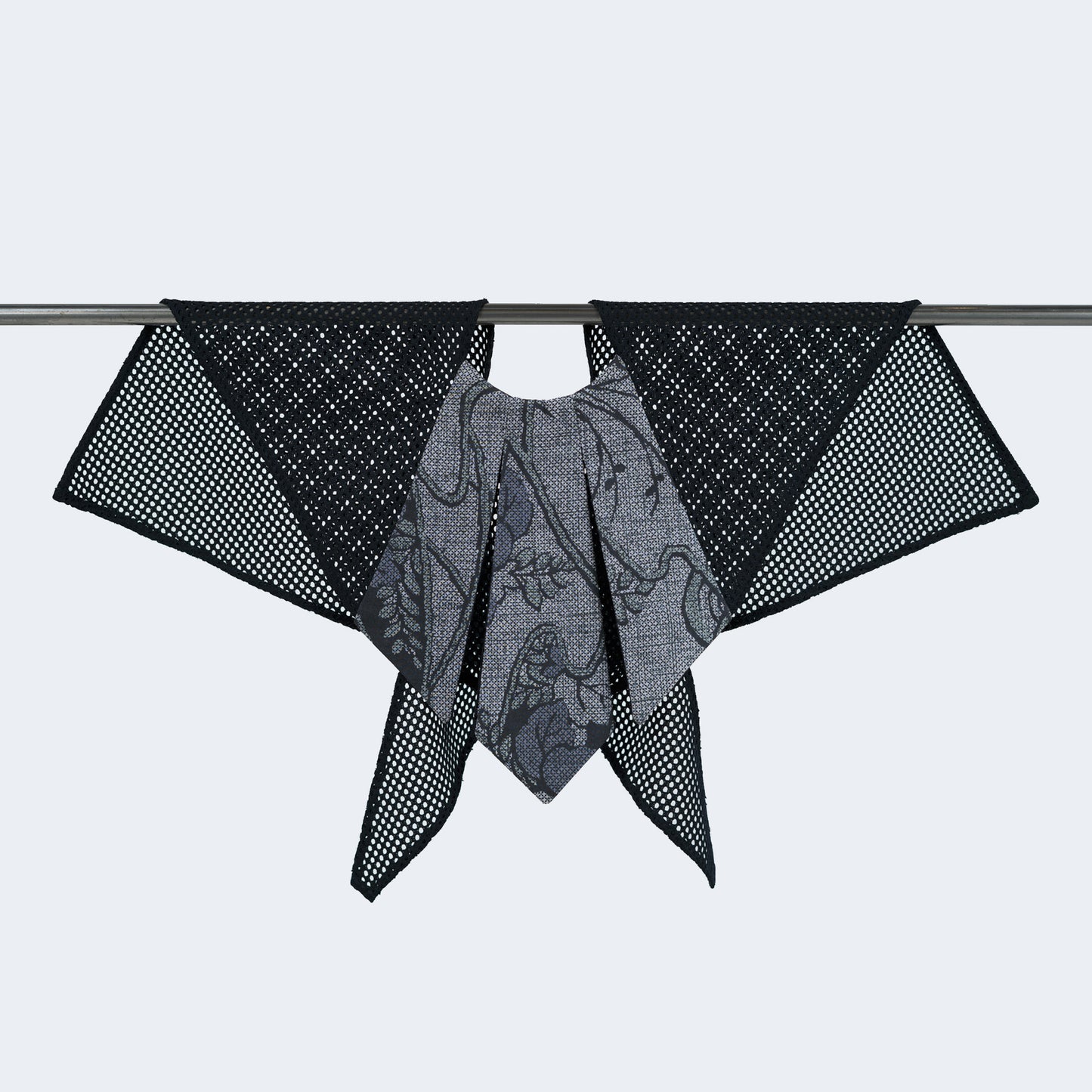 Front view of Japanese purple silk collar with blue mesh, displayed on hanger