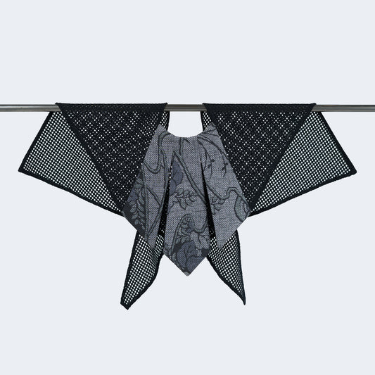 Front view of Japanese purple silk collar with blue mesh, displayed on hanger