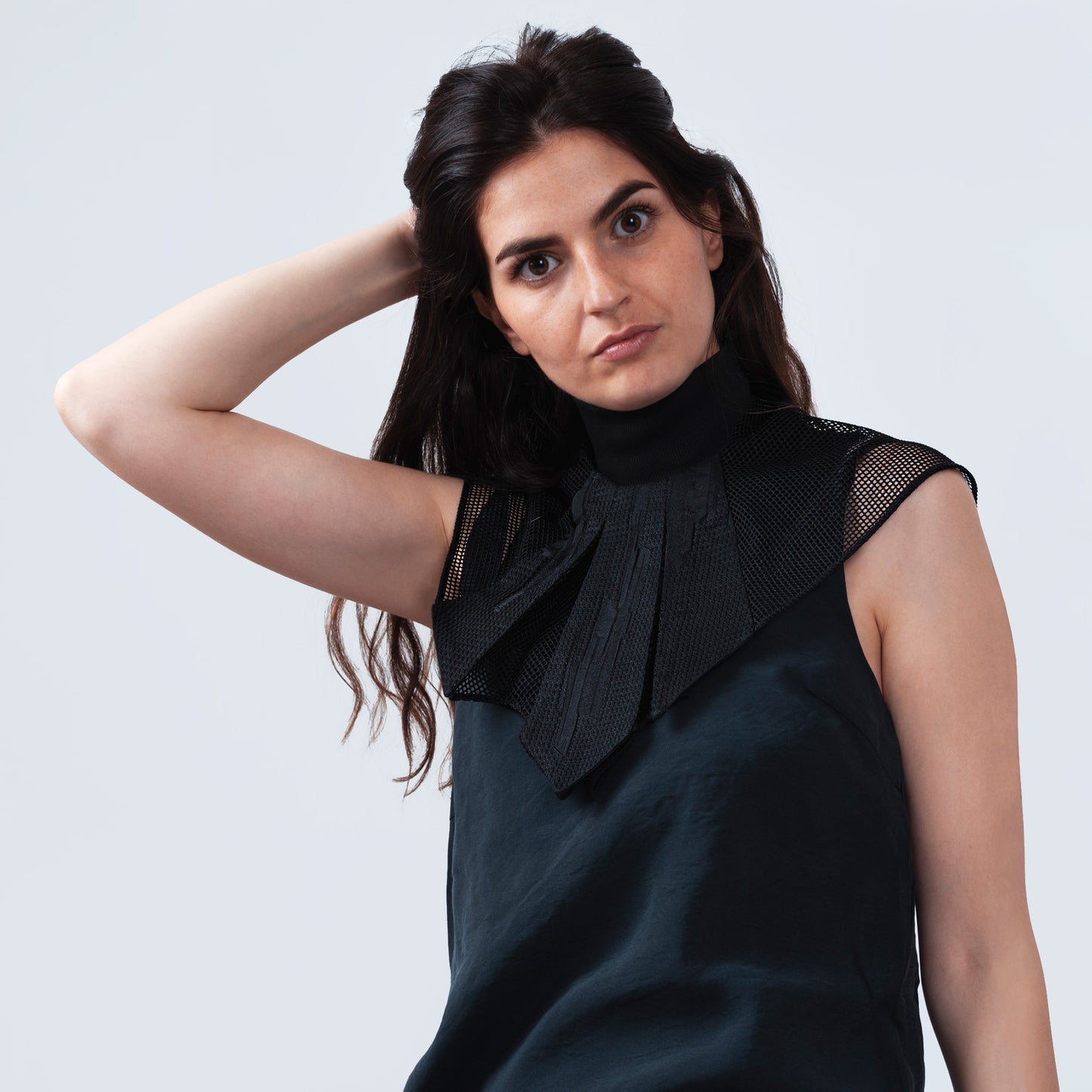 Model wearing elegant collar with Japanese geometric black silk and sheer black mesh