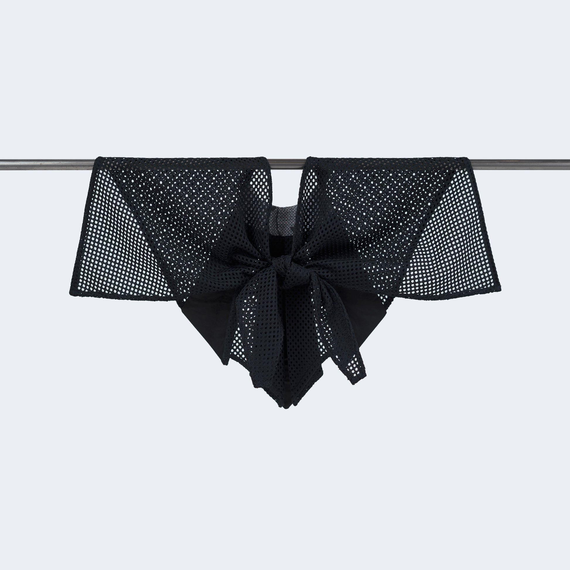 Back view of Japanese purple silk and blue mesh collar tied, displayed on hanger