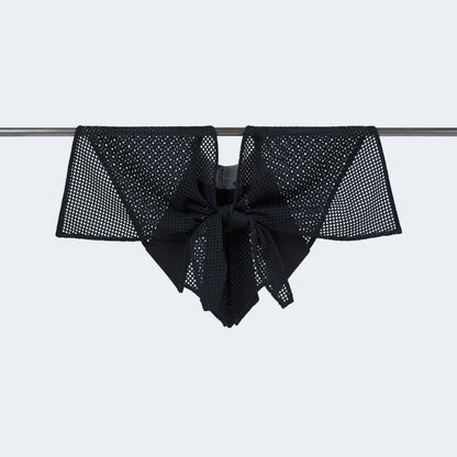 Back view of Japanese purple silk and blue mesh collar tied, displayed on hanger