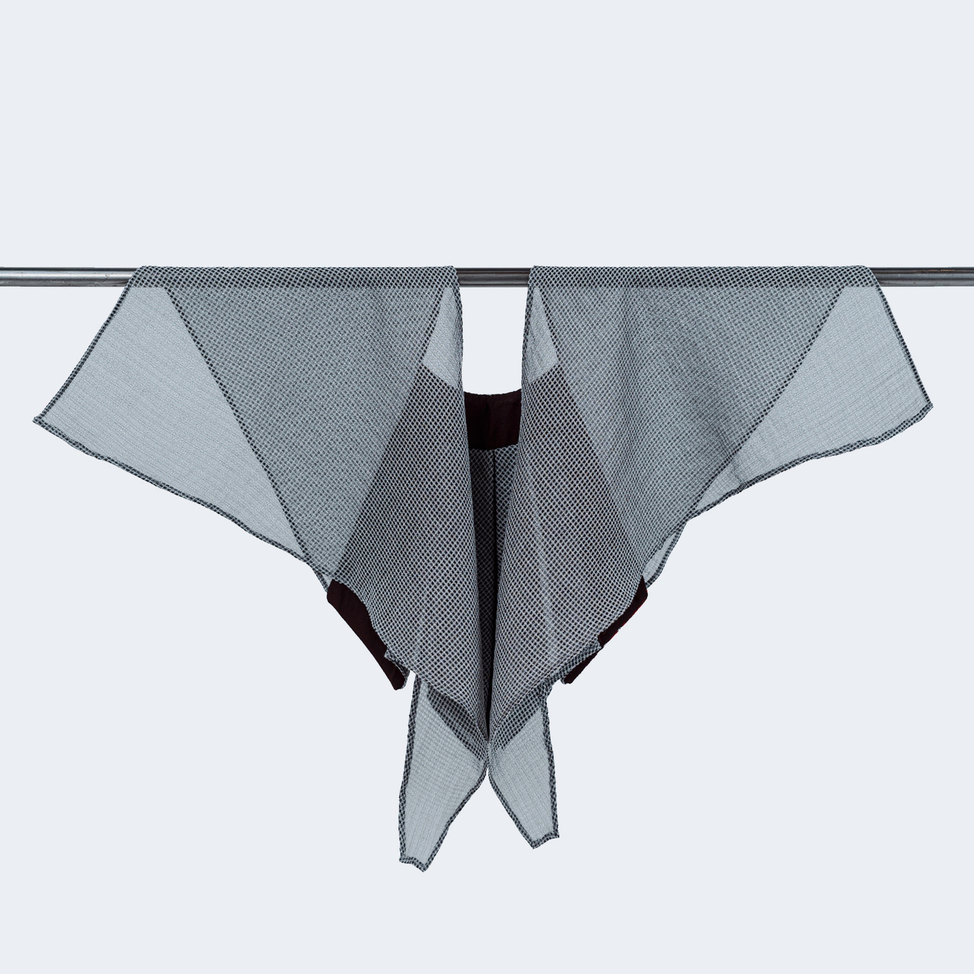 Back view of sheer gray mesh collar open, without tie, on hanger