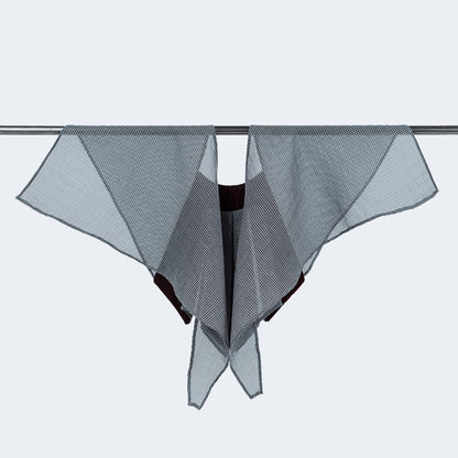 Back view of sheer gray mesh collar open, without tie, on hanger