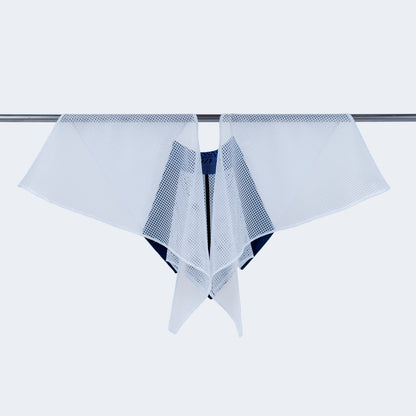 Back view showing sheer white mesh on hanger