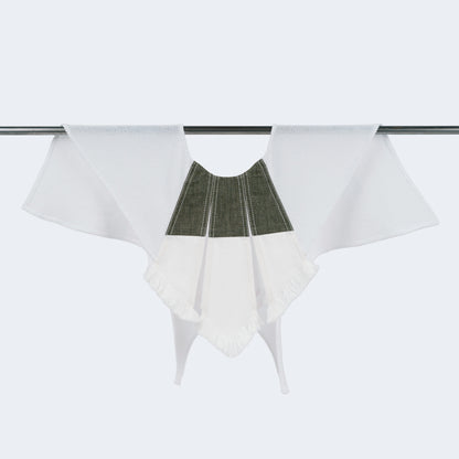 Front view of collar combining olive canvas, white denim, and mesh