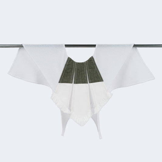 Front view of collar combining olive canvas, white denim, and mesh