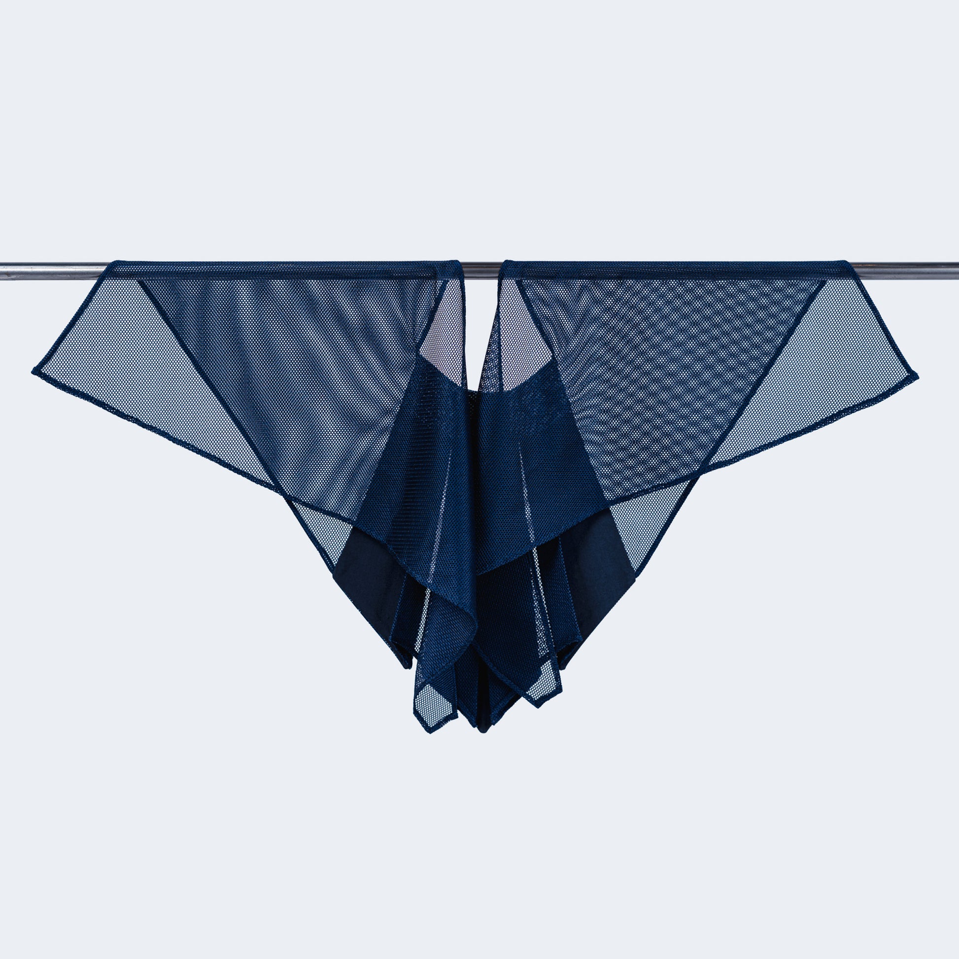 Back view of Japanese silk collar with sheer blue mesh, displayed on hanger