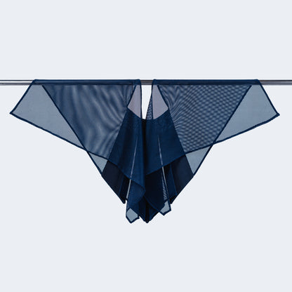 Back view of Japanese silk collar with sheer blue mesh, displayed on hanger
