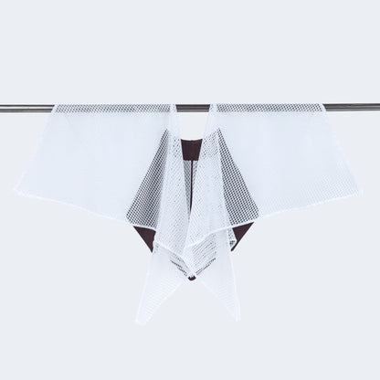 Back view of floral print collar with sheer white mesh, displayed on hanger