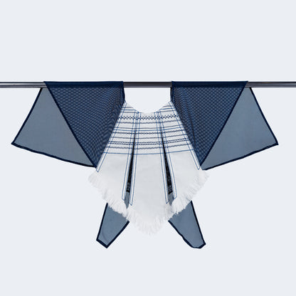 Front view of embroidered white denim and blue mesh collar on hanger