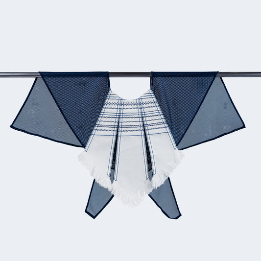 Front view of embroidered white denim and blue mesh collar on hanger