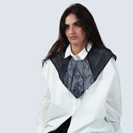 Model wearing elegant collar with Japanese purple silk and blue mesh
