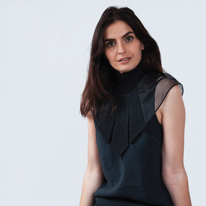 Model wearing elegant collar with Japanese black silk and sheer black mesh