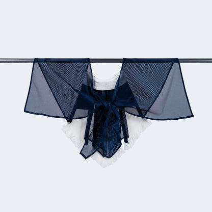Tied collar featuring white denim and blue mesh