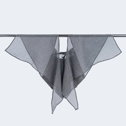 Back view of limited edition Japanese fish print collar with sheer gray fabric, displayed on hanger
