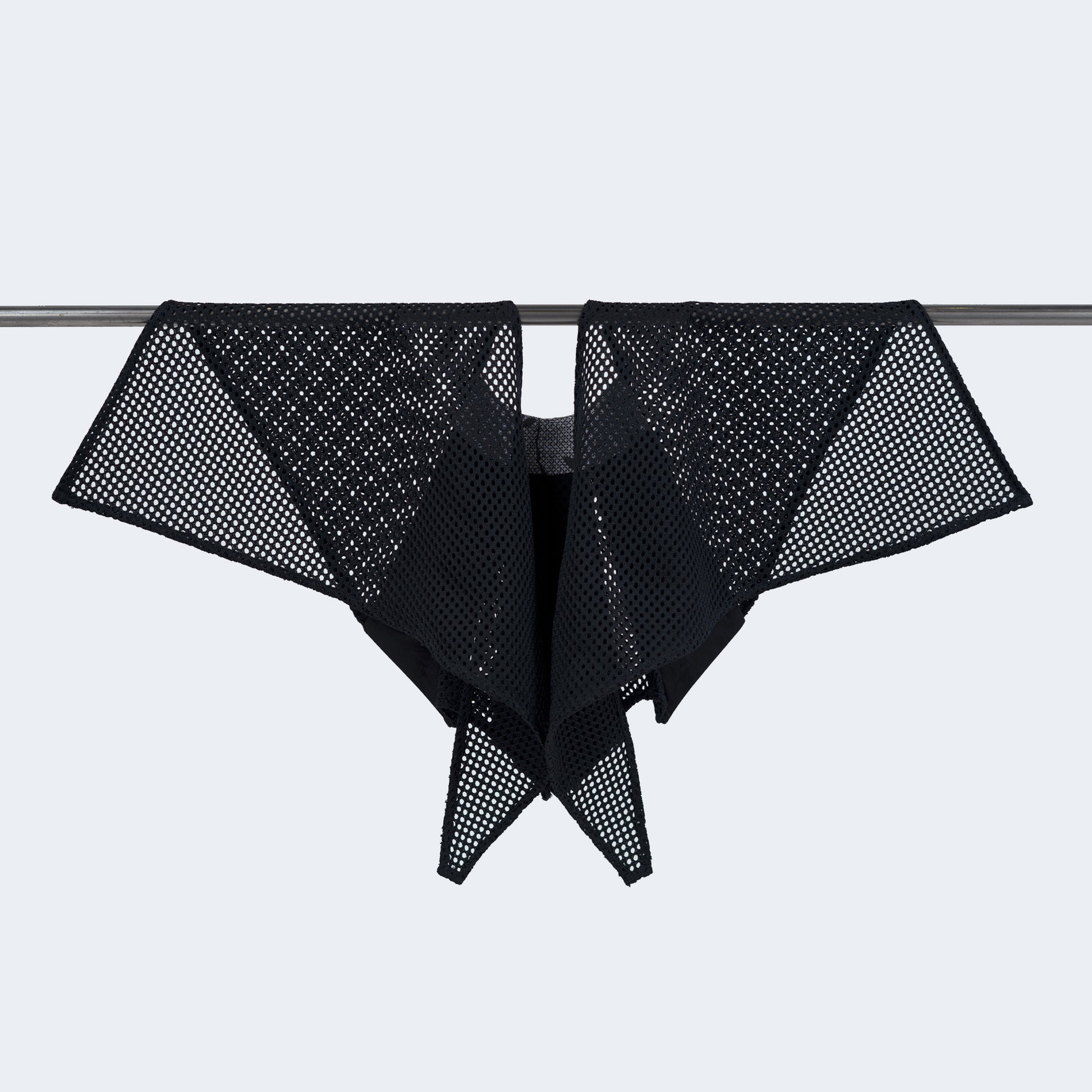 Back view of Japanese purple silk collar with blue mesh, displayed on hanger