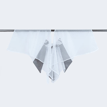 Back view of Japanese print collar with sheer white mesh, displayed on hanger