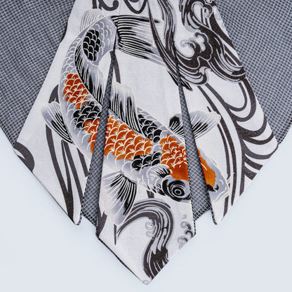 Close-up of limited edition Japanese fish print collar with sheer gray fabric showing carefully connected print