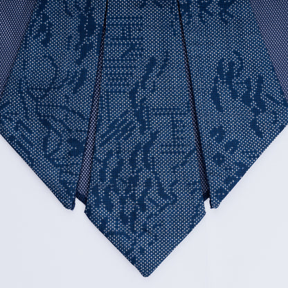 Close-up of Japanese blue silk collar with sheer blue mesh