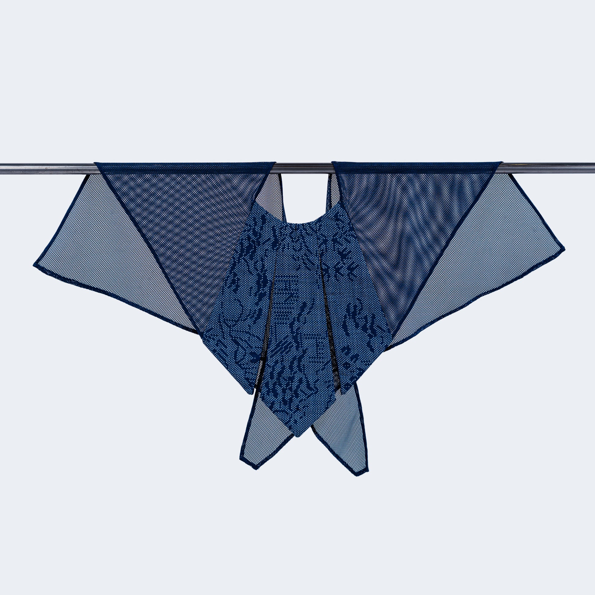 Front view of Japanese blue silk collar with sheer blue mesh, displayed on hanger