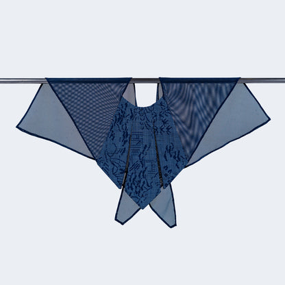 Front view of Japanese blue silk collar with sheer blue mesh, displayed on hanger
