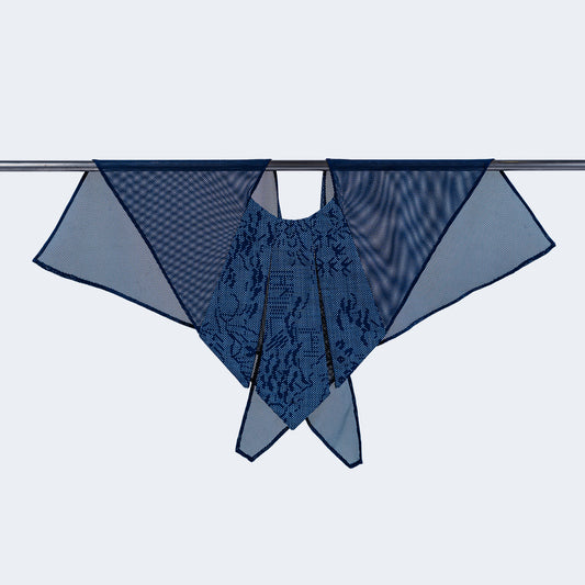 Front view of Japanese blue silk collar with sheer blue mesh, displayed on hanger