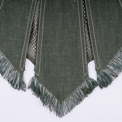 Close-up of olive green canvas and sheer mesh fabric